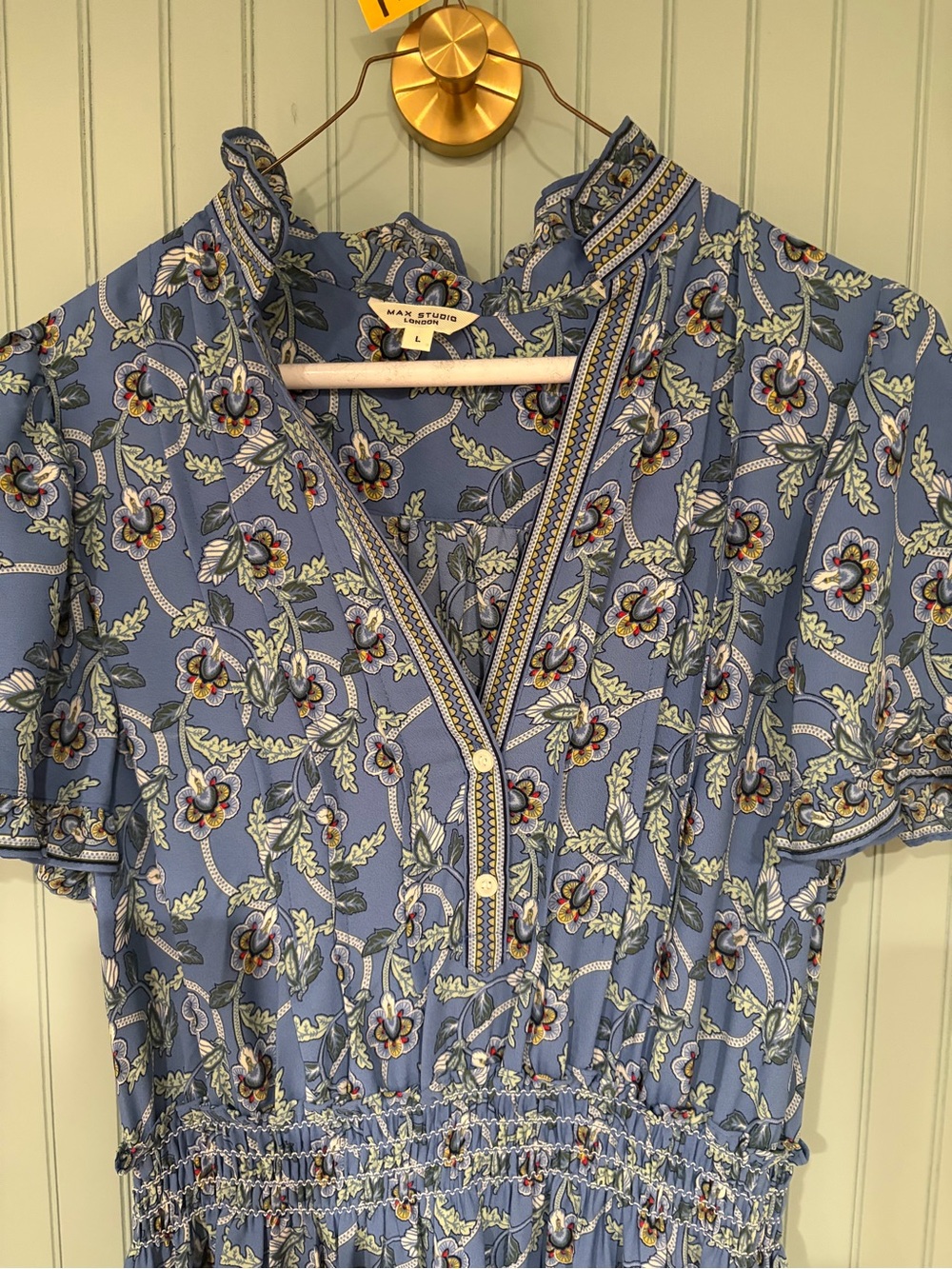 Max Studio Lavender-Blue Floral V-Neck Ruffle Tunic